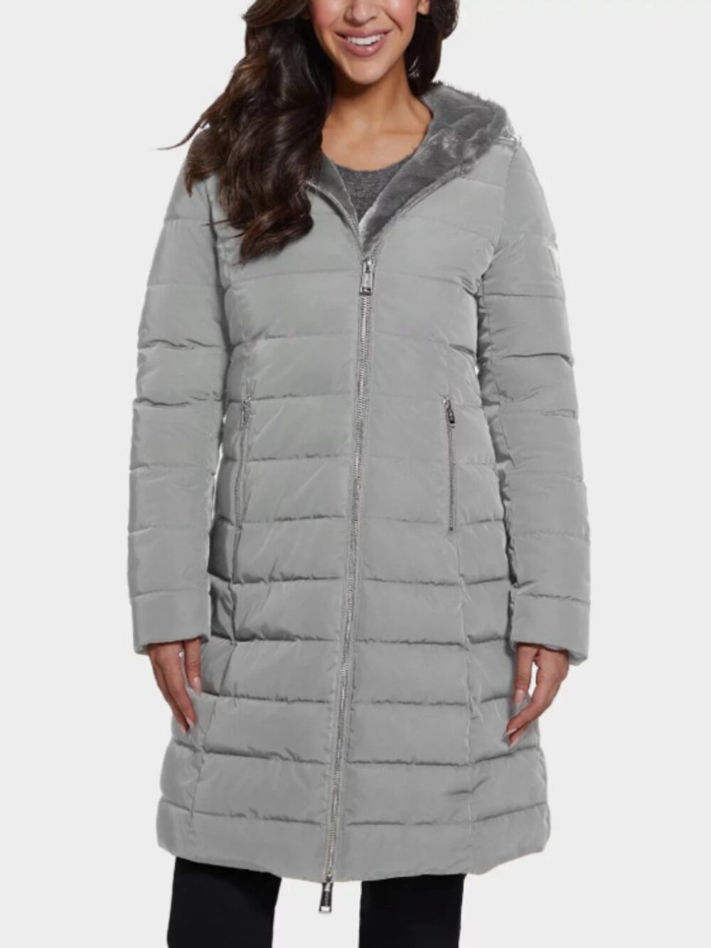 $320 NWT Guess Helena Long Fur Jacket XL Gray Coat Puffer Hooded Winter Cozy